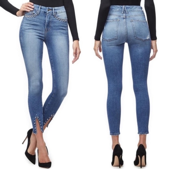 Good American Good Legs Crop Studded Split Hem Jeans Size 2/26 - Picture 1 of 13